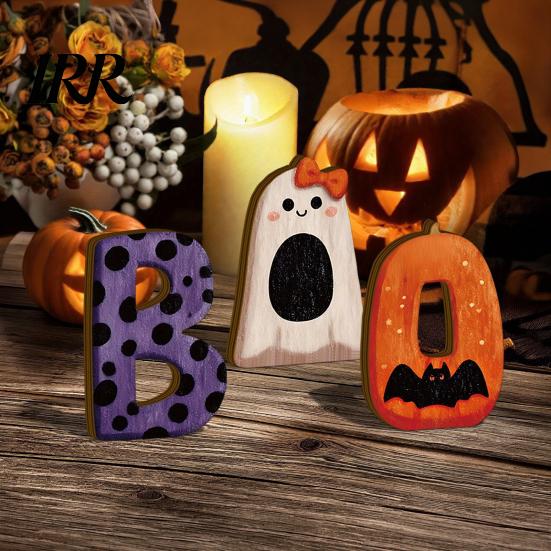 Halloween Ornament 3Pcs/Set Wooden Statues, Letter Bat Pumpkin Ghost with Bowknot Deisgn, Shape Decoration Desktop Ornaments, Holiday