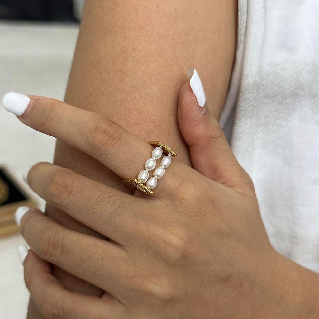 Youthway Double-Layer Freshwater Pearl Stainless Steel Ring For Unisex  Gold Color Luxury Daily Jewelry Matching Gift