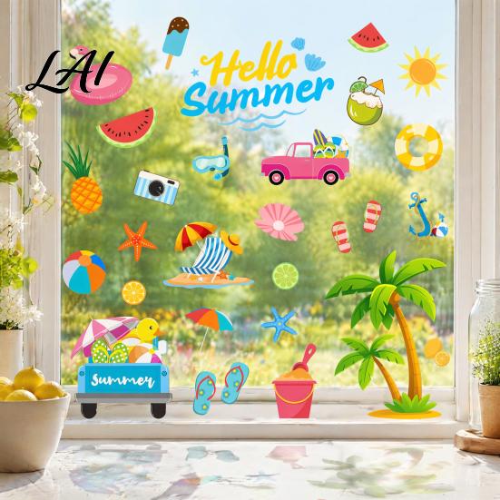 Coconut Tree Wall Decor 2Pcs Hello Summer Beach Window Clings Tropical Hawaiian Flamingo Removable Theme Decals Stickers Decals Watermelon Pineapple