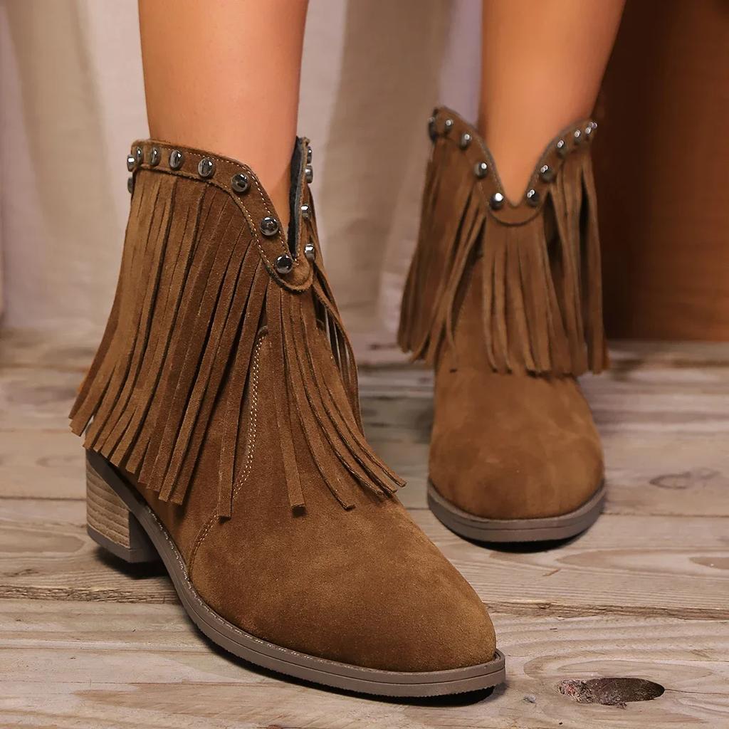 Осенняя обувь для женщин. Женские ковбойские ботильоны на толстом каблуке. Модные кисточки с острым носком. Женские ботинки в стиле вестерн. Новые женские ботинки на молнии.