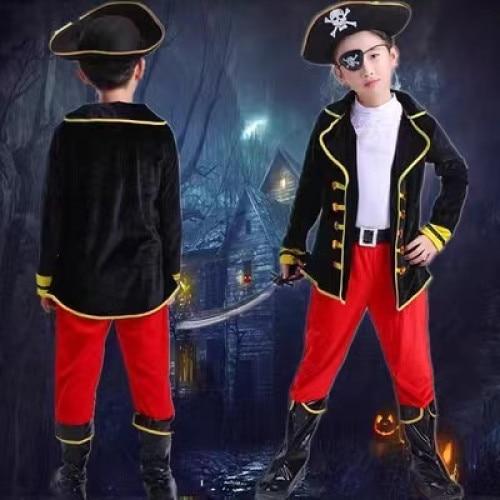 Kids Pirate Costume Carnival Set with Hat, Eye Patch, and Boot Covers - Premium Fabric - Red/Black - 7-8 Years/120-130 cm