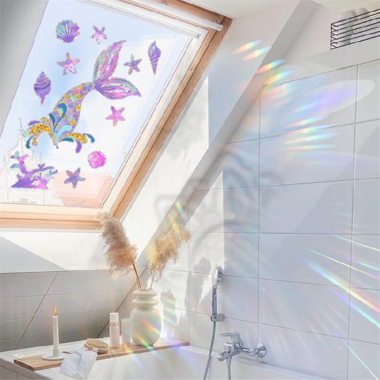 Reflective Rainbow Glass Stickers Colorful Flower Decals Sunlight Dispersing Window Films PVC Clings for Home Decors