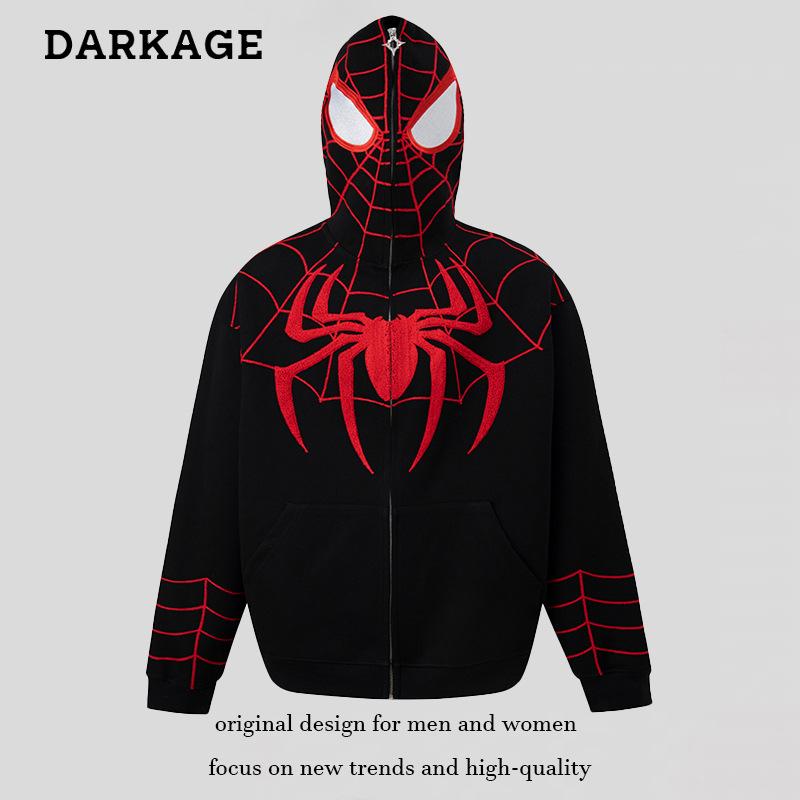 Spider-Man Embroidered Full-Zip Hoodie – Unisex Couple’s Style – Loose-Fit Autumn Jacket