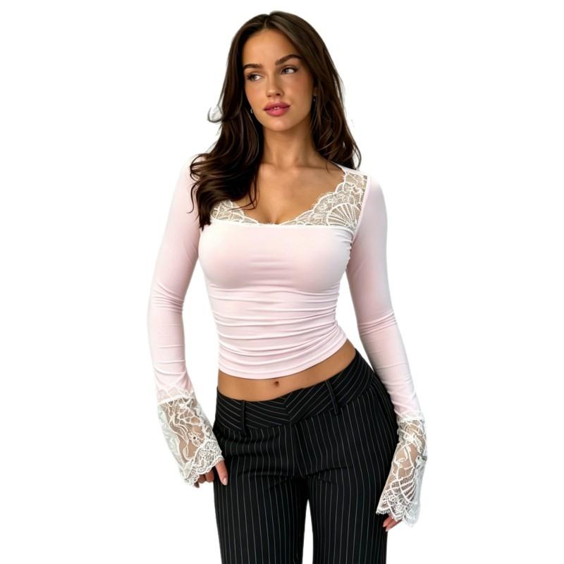 2026 Womens Sexy Lace Patchwork Slim Fit Long Sleeve T-Shirt Street Style Crop Top Daily Wear