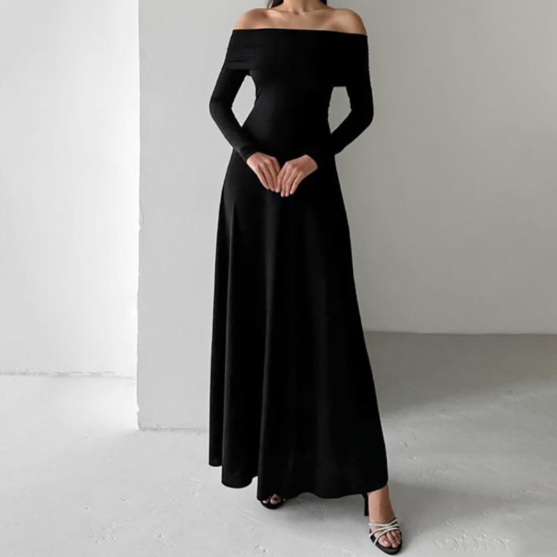 Осень-зима женское сексуальное платье макси с открытыми плечами, однотонное черное платье без бретелек с длинным рукавом для женщин, вечерние платья