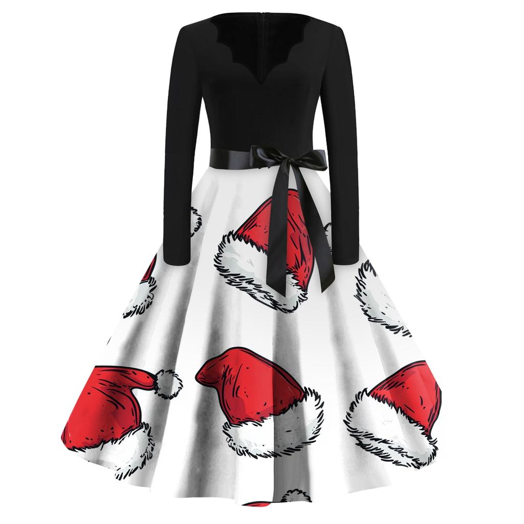 Женские модные повседневные тонкие рождественские платья с длинным рукавом с v-образным вырезом и принтом