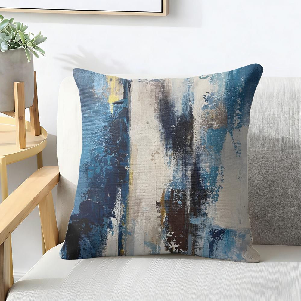 Alricc Blue Gray Abstract Art Cushion Cover Natural Linen Organic Fabric Double-Sided Printing Breathable Perfect For Home Decor