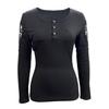 Women Top Slim Fit Button Closure Round Neck Hollow Out Lace Patchwork Long Sleeve Stretchy Solid Color Soft Pullover Lady T-shirt