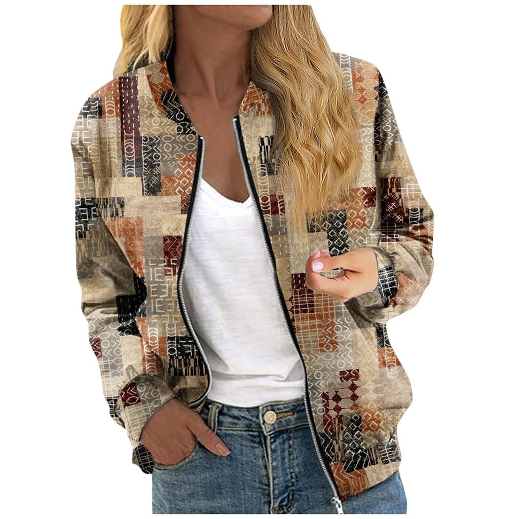 Куртки для женщин, легкие укороченные куртки с длинным рукавом на молнии, модная верхняя одежда с принтом, повседневные стеганые куртки с карманами