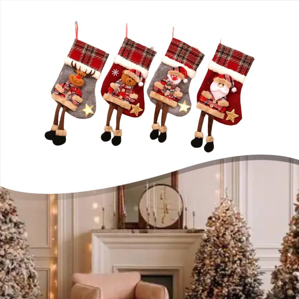 Large Plaid Christmas Stocking with Hanging Loop for Tree Use as Candy Bag and Kids Present Pouch in Non Woven Fabric