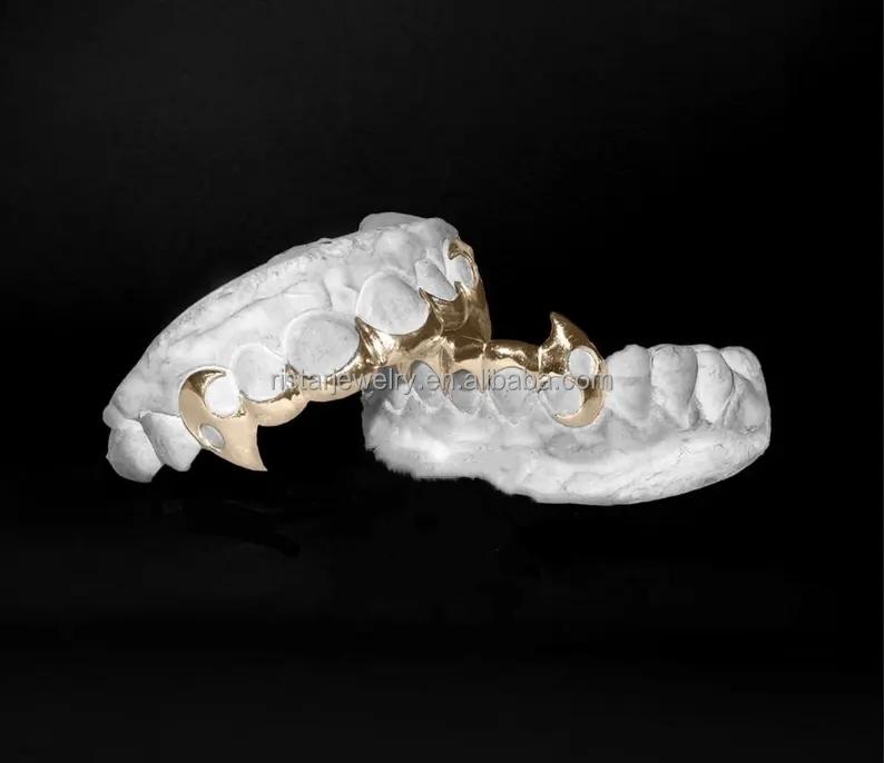 Изысканные Grillz Украшения Хип-Хоп Индивидуальная Посадка Клыки Grillz 925 Пробы Стерлинговое Серебро Цельное Золото 6 Зубов с Соединяющим Мостом Grillz Бар
