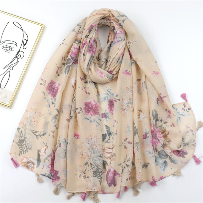 Spain Lovely Poppy Floral Tassel Viscose Shawl Scarf Lady High Quality Wrap Thin Headband Bufandas Muslim Hijab Sjaal 180*90Cm