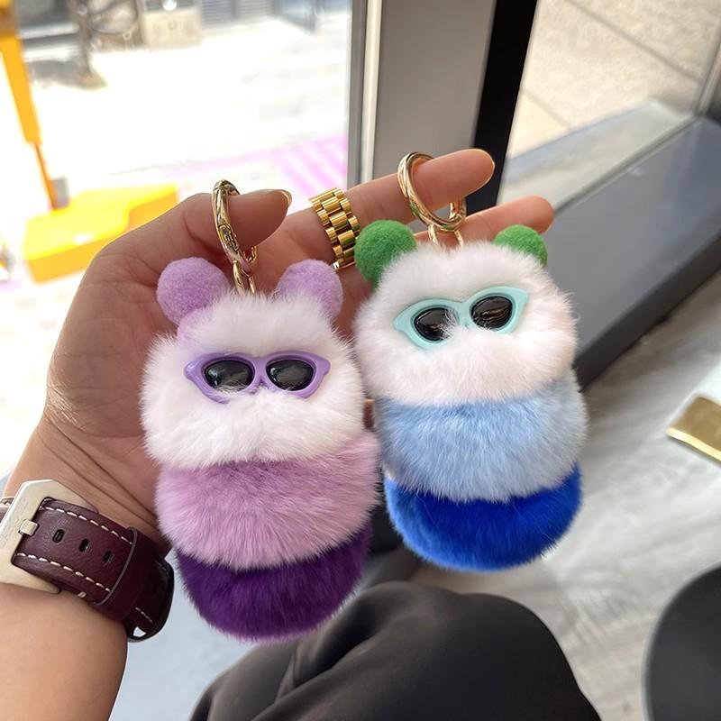 Cute Colorful Plush Caterpillars Keychain With Sunglasses Soft Rabbit Fur Animal Pompom Pendant With Key Rings For Women Handbag