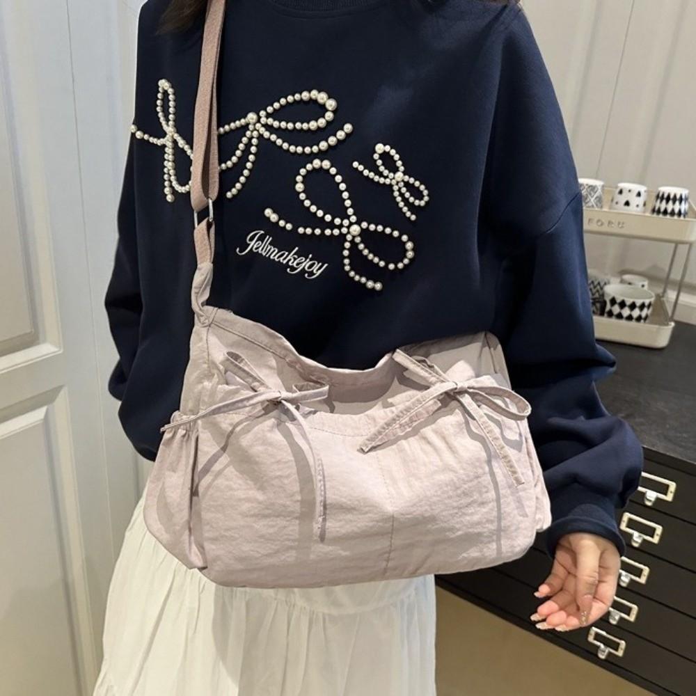 Solid Color Nylon Shoulder Bag Pleated Hobo Bag Cute Bow Crossbody Bag Women