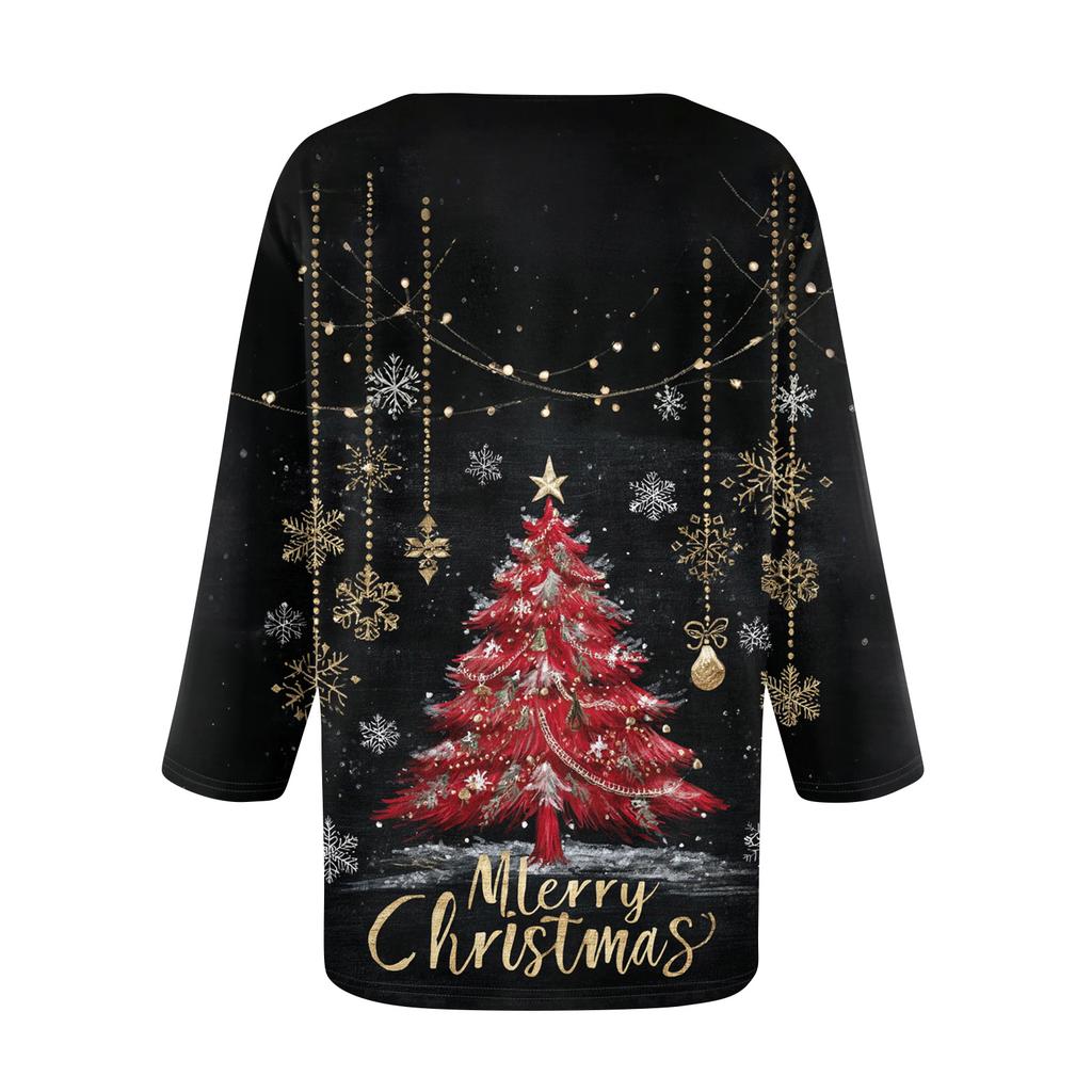 Women's Loose Comfortable Casual Fashion V-Neck Christmas Print 3/4 Sleeve Top