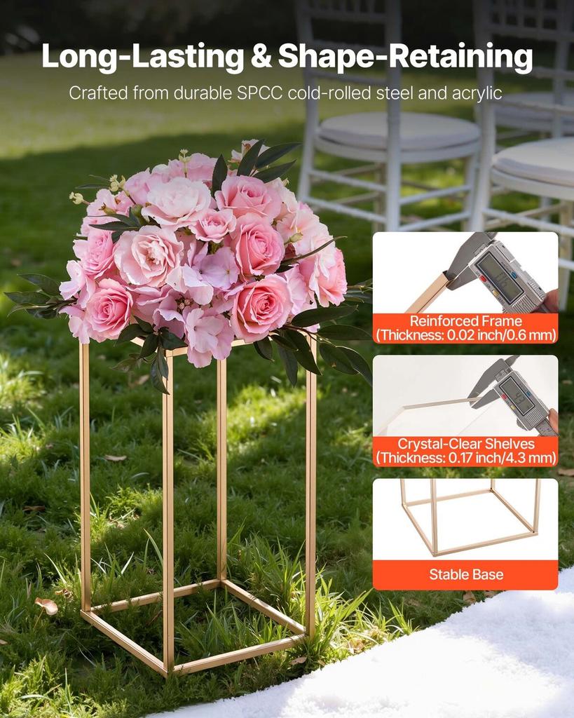 Wedding Flower Stand, 10PCS 40cm Column Flower Stand, Floral Stands with Acrylic Laminate, Gold Rectangular Floral Display Rack for Wedding, Party,