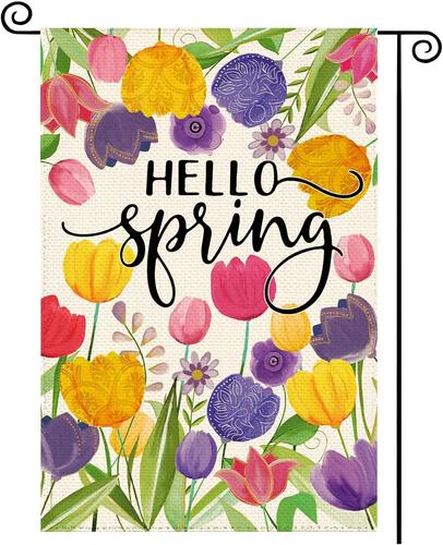 Hello Spring oral Garden ag 12X18 Inch Double Sided for outside Tulips Welco VVL YYX EEZ