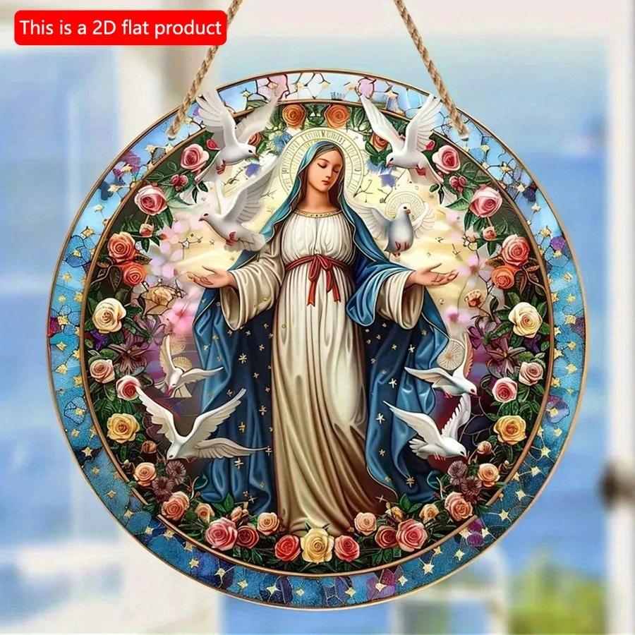 1pc 2d Flat Wood Christian Religion Mary Suncatcher, Translucent Stained Window Hanging, Round Wooden Sign- 20cm Porch, Wall, Home, Room, Cafe Holiday