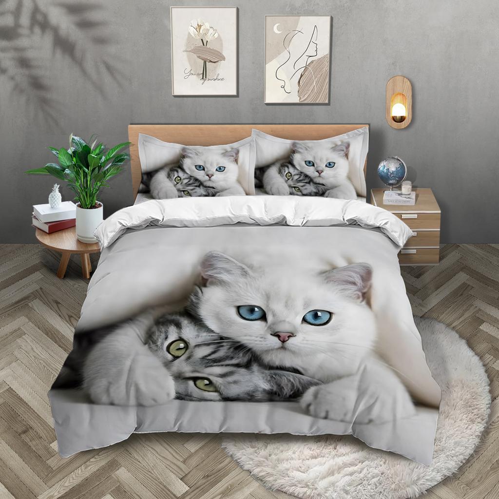 3-piece Set of Cute Cat Printed Bedding, Suitable for Bedrooms and Guest Rooms (1* Quilt Cover + 2* Pillowcase, Coreless)