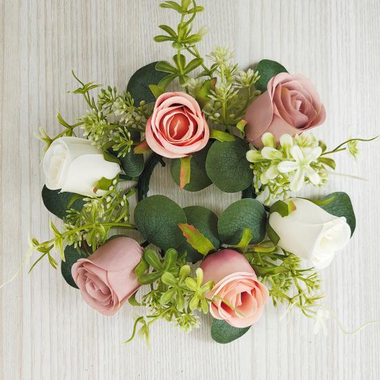 Artificial Rose Candle Ring Wreath Faux Silk Floral Wedding Centerpiece Rustic Fake Rose Candle Holder for Christmas Home Table Decor
