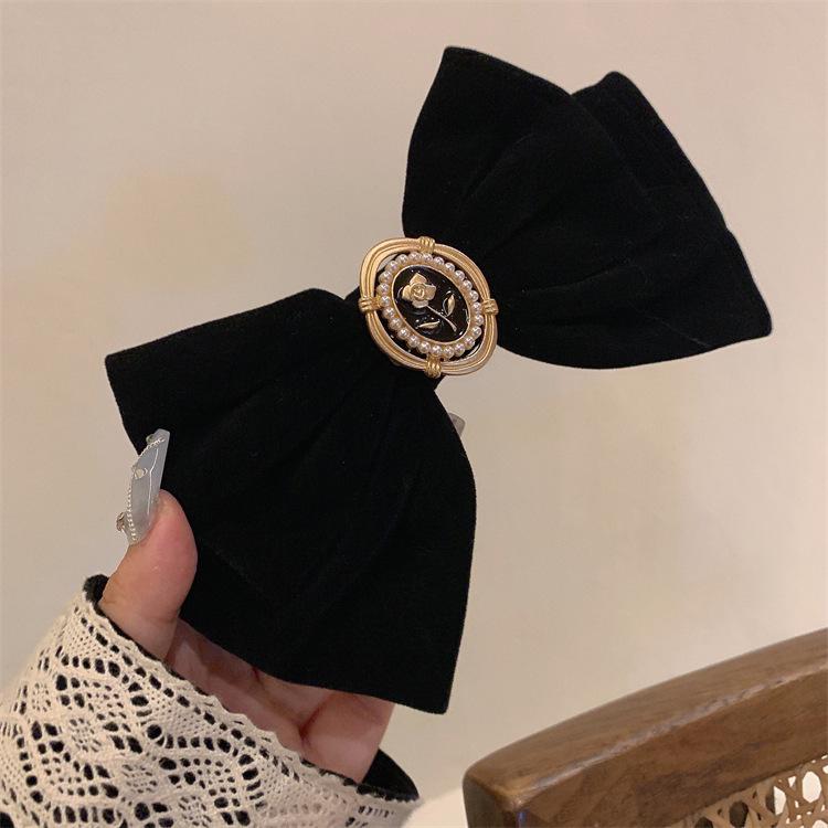 Винтажная черная бархатная заколка-бантик с жемчужиной - большой пружинный зажим для аксессуаров на голову