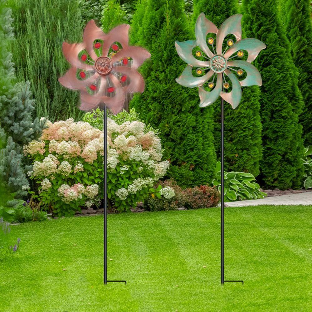 Rotating Wind Spinners Metal Flower Pinwheel Double Windmill Sculpture  Lawn