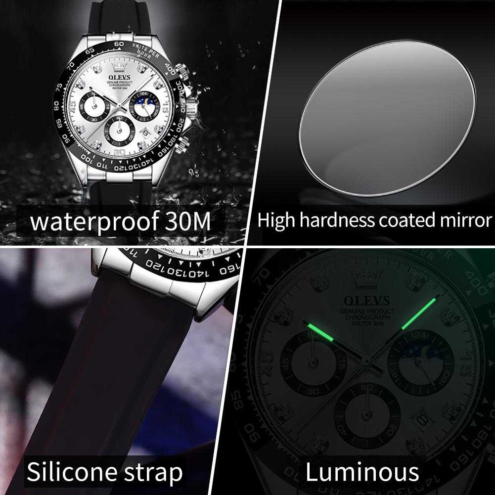 OLEVS Men's Watches Casual Fashion Original Brand Quartz Wristwatch for Man Silicone Strap Moon Phase Date Chronograph Luminous