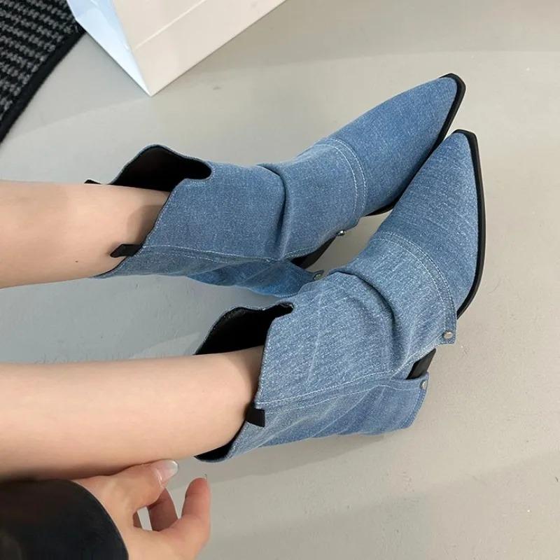 Fashion Women's Mid-calf Boots Pointed Toe Leather Boot Retro Short Leg Pants Tube Boots Classic Canvas Cowboy Boot Womens Fashion Boots