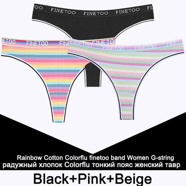 3PCS/Set Rainbow Colorful Striped Cotton Women Panties Sexy G-String Underwear Femme Finetoo Band Thong Intimate T-Back Lingerie