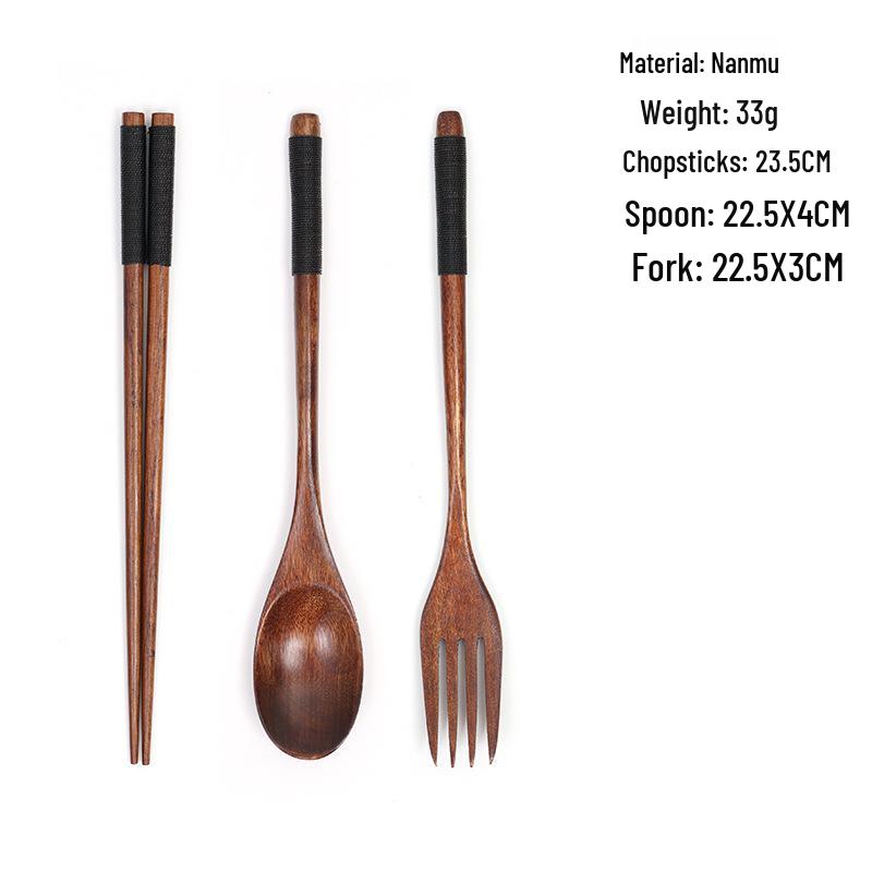 Camphorwood Three-Piece Cutlery Set: Chopsticks, Fork, and Spoon, Solid Wood, Portable and Individual Use.