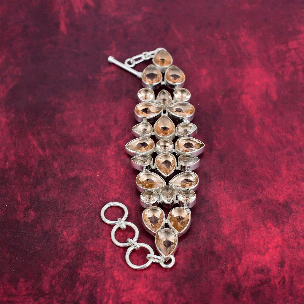 Morganite Bracelet, Handmade Gemstone 925 Solid Sterling Silver Bracelet Antique Jewelry, Adjustable Chain Bracelet, Engagement Gift