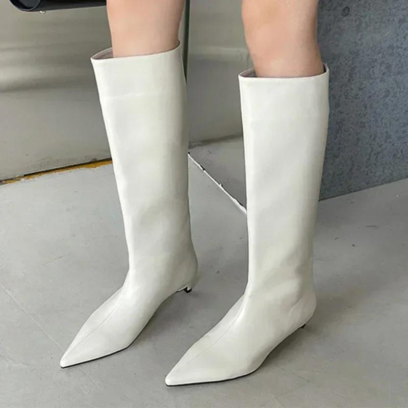 Женские высокие сапоги с острым носком, кожаные, модные, сексуальные, на каблуках, обувь для женщин, тренд 2025, новые зимние сапоги, низкий каблук, элегантный готический стиль
