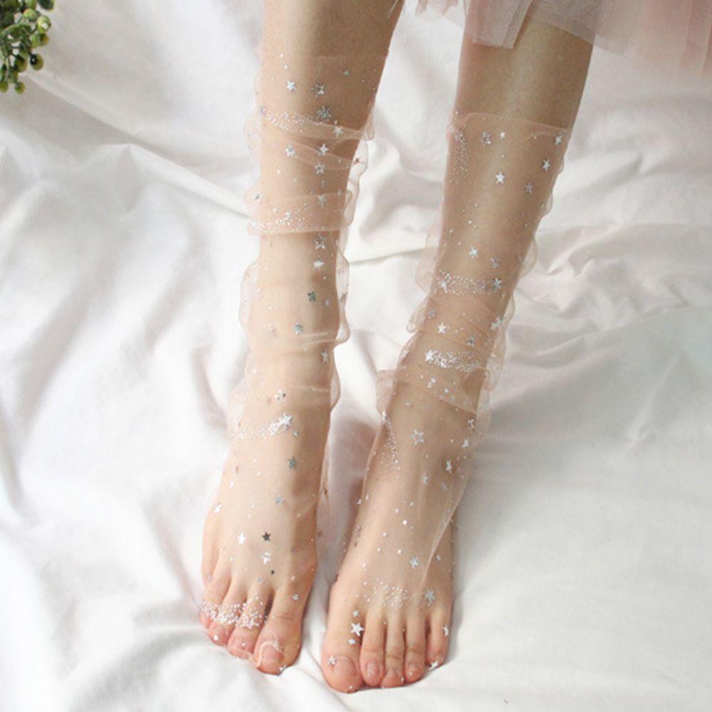 Summer Candy Colors Ladies Women Shiny Stars Glitter Women Socks Transparent Fishnet Socks Hosiery