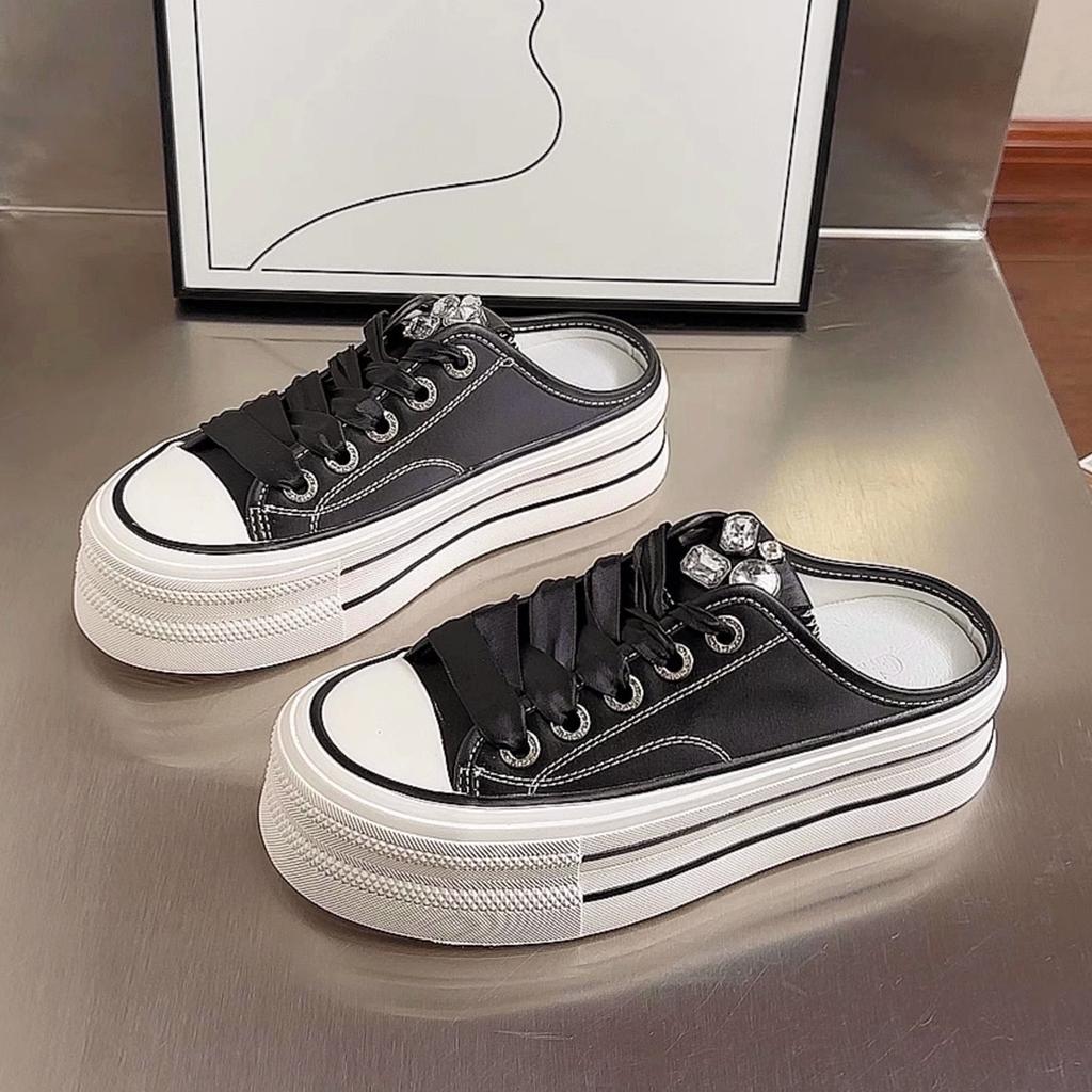 Half Slippers 2025 New Spring and Summer Super Fire Rhinestone Satin Surface Lazy Thick Bottom Versatile Bag Head Slippers Women's Wear