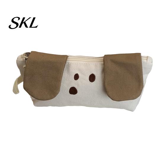 School Stationery Holder Cartoon Dog Canvas Pencil Case, Portable Large Capacity Students Case Bag, Multifunctional Office Supplies Zipper Pouch
