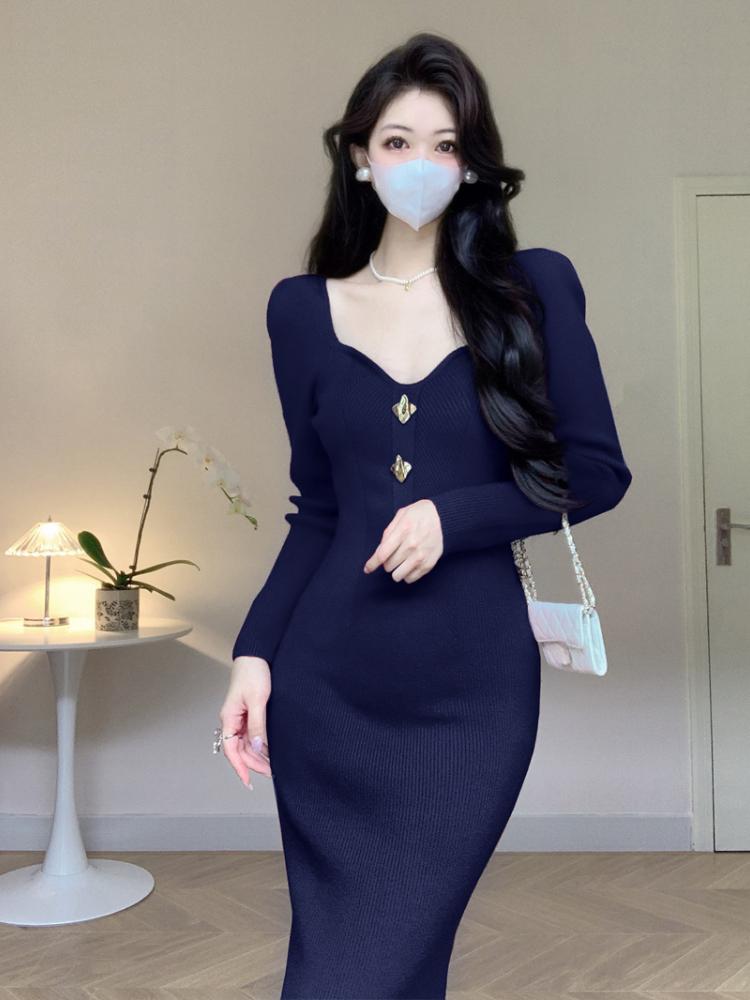 Корейская мода дизайн пуговиц трикотажное платье женское осень квадратный вырез винтажные тонкие вечерние платья эстетическое выпускное платье-свитер Хепберн зима