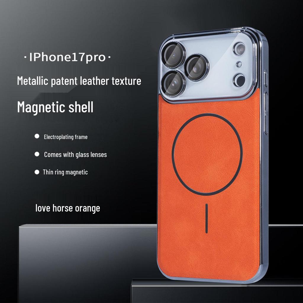 Магнитный чехол для телефона с текстурой кожи и металлической краской для iPhone 17 Pro Max, 16 Pro и Apple 15