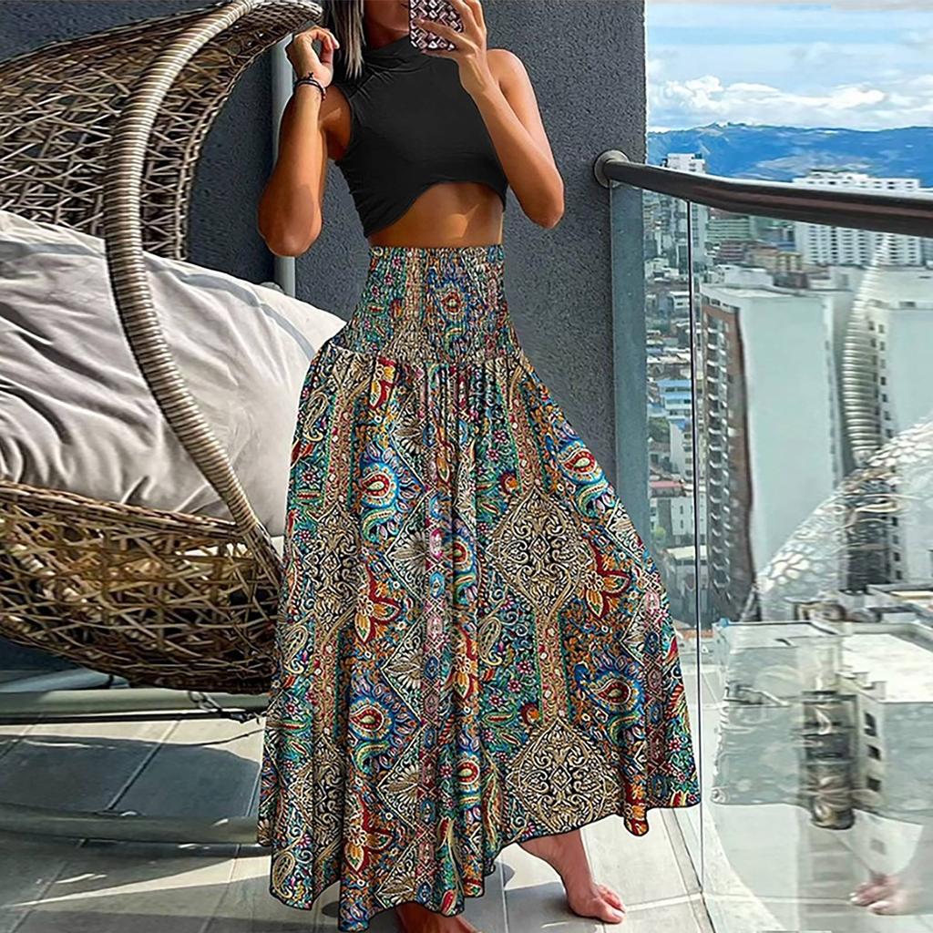 Women  Casual Loose Boho Elastic Waist A-Line Beach Flowy Swing Vacation Floral Printing Maxi Skirt