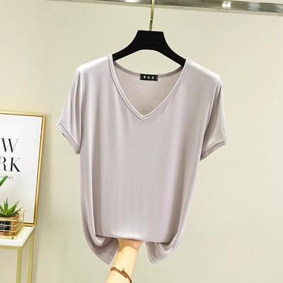 Women Solid Color Modal V‑Neck Short Sleeve T‑shirt Plus Size Loose Casual Top Thin Inner Base Shirt Daily Wear Tee M‑XXL