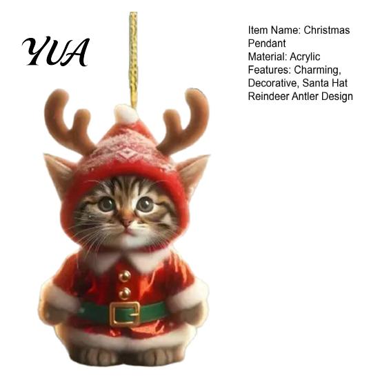 Festive Home Door Decor Santa Cat Christmas Ornament, Acrylic Car Mirror Hanging with Holiday Decorations Reindeer Antlers, 2D Cute Bag Charm