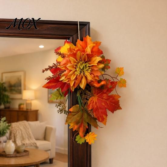 Thanksgiving Door Decor Artificial Maple Leaf Decoration, Autumn Decoration with Leaves Faux Dahlia, Exquisite Floral Rustic Hanging Ornament