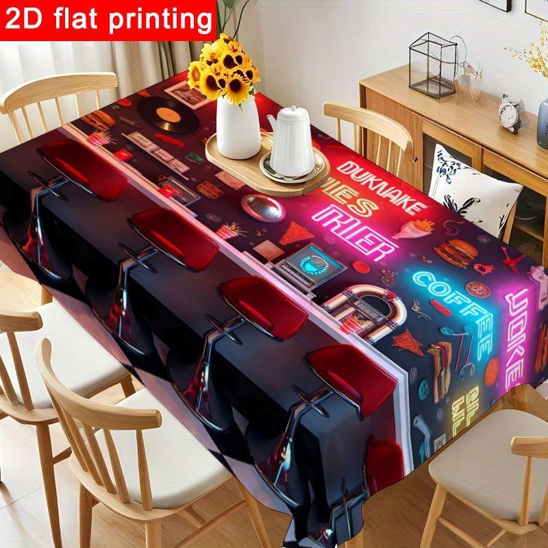 1pc Retro Diner Style Tablecloth - Colorful Table Cover with Neon Sign Design, Reusable & Easy to Clean for Birthday Parties, Holiday Gatherings, and