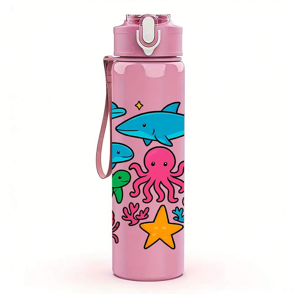1PC Ocean Sea Creature Group 750ml Color Plastic Sports Water Bottle Leakproof Flip Straw Lid Suitable for Sports Office Home Use