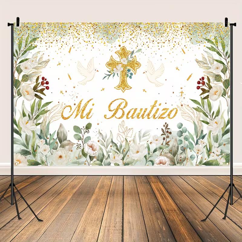 2D Watercolor Floral Baptism Banner, Gold Cross & "Mi Bautizo" Backdrop, Christening Party Decor