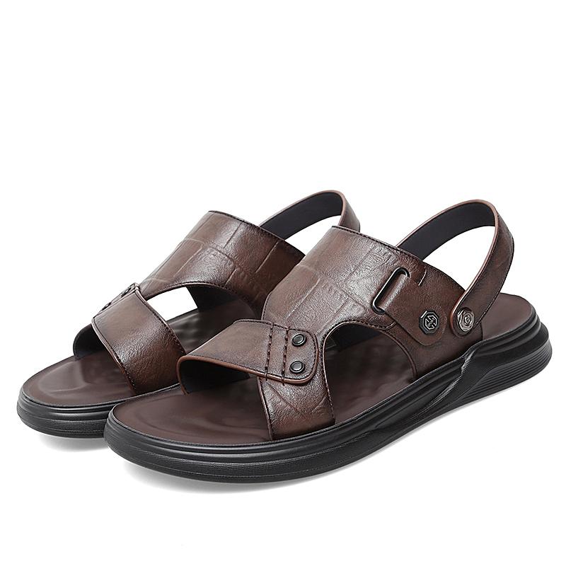 Модные летние мужские сандалии для бизнеса и отдыха на пляже Тапочки для отдыха на открытом воздухе Нескользящие кожаные сандалии на толстой подошве Новые мужские сандалии для отдыха на открытом воздухе