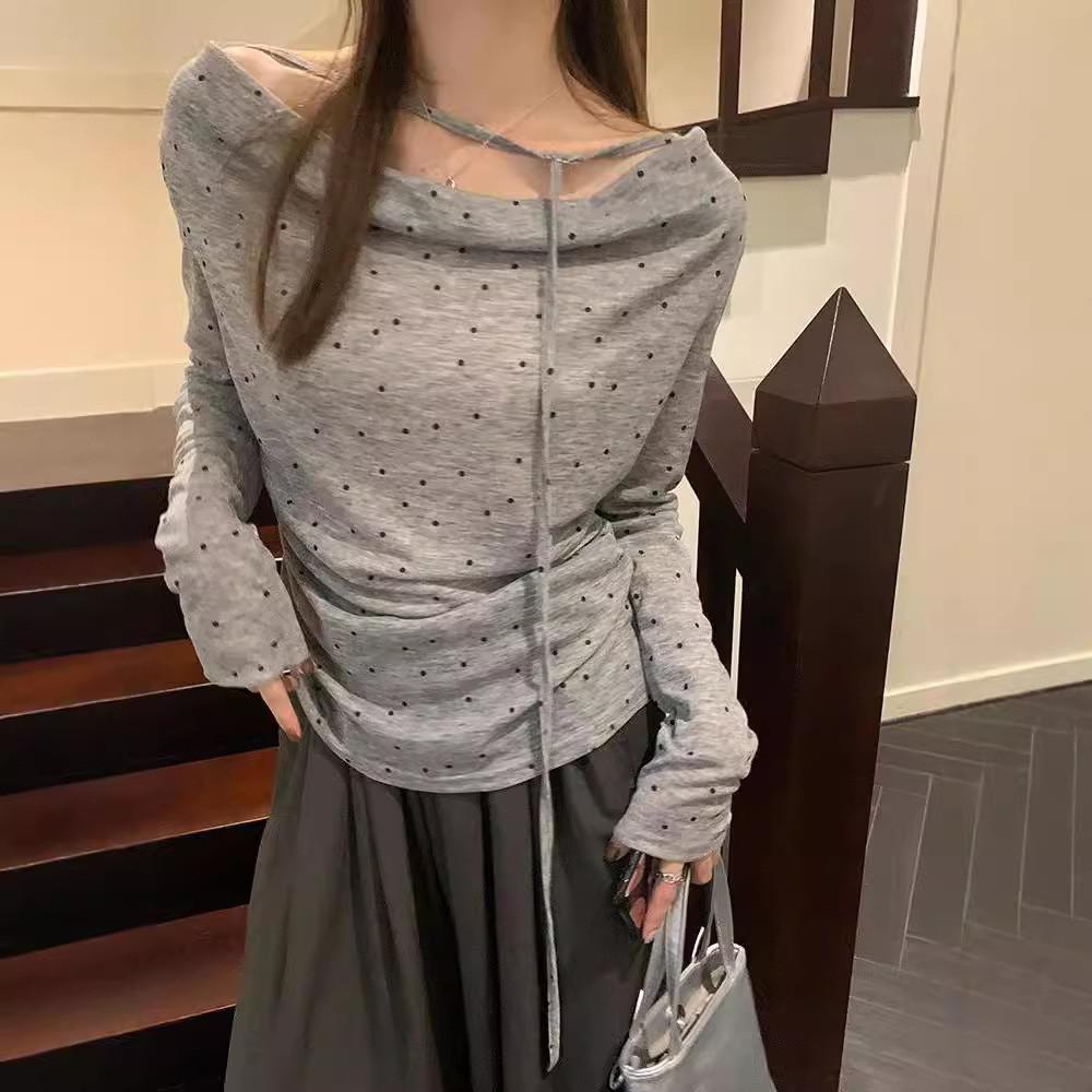 Polyester Dot Pattern Off Shoulder Tiefront T Shirt For Women Fall
