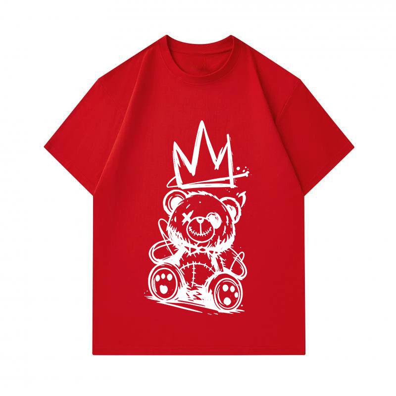 Men's 100% Cotton Crew Neck Short Sleeve T-Shirt, Hand Drawn Stitched Teddy Bear with Crown Print Casual Comfortable Streetwear Top for Daily Wear