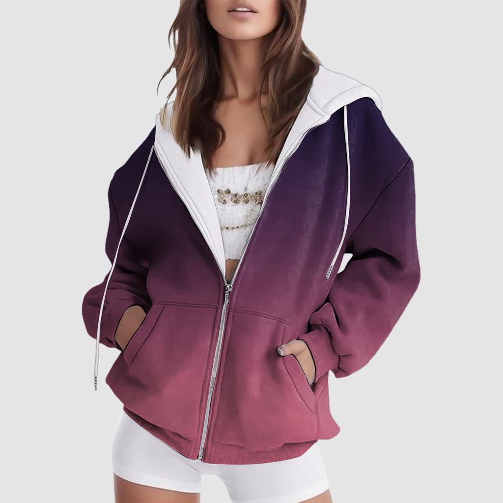 2024 Новая женская толстовка с капюшоном с градиентом, зимняя, с длинным рукавом, на шнурке, с капюшоном, с двойными карманами, на молнии, повседневная уличная одежда