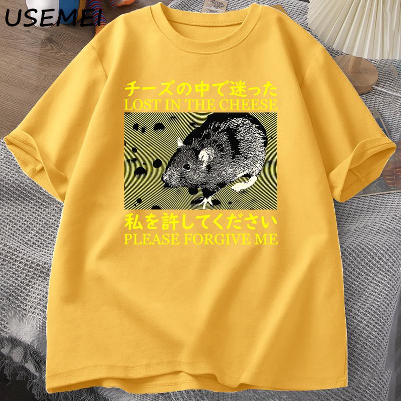 Футболки в японском стиле «Потерянные в сырной крысе», мужские хлопковые футболки с короткими рукавами, мужская одежда, футболки, уличная одежда большого размера