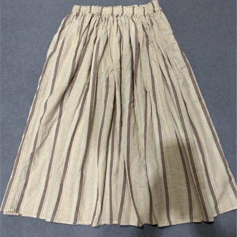 Johnature Винтажные юбки в японскую полоску, женские летние свободные эластичные льняные юбки с карманами